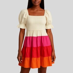 English Factory Colorblock Mini Dress Women's Size Medium Multicolor Puff Sleeve